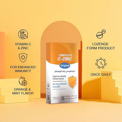 Limitless C-Zinc Original – Vitamin C & Zinc Lozenges – Orange Mint Flavor – Immune Support for Adults & Kids – 30 Lozenges
